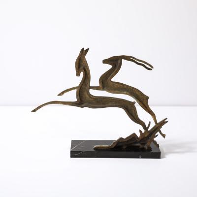 Art Deco Leaping Gazelle Sculpture in Polished Brass on Black Marble Base