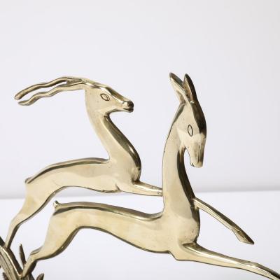 Art Deco Leaping Gazelle Sculpture in Polished Brass on Black Marble Base