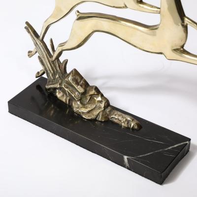 Art Deco Leaping Gazelle Sculpture in Polished Brass on Black Marble Base