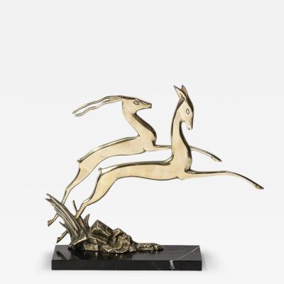 Art Deco Leaping Gazelle Sculpture in Polished Brass on Black Marble Base