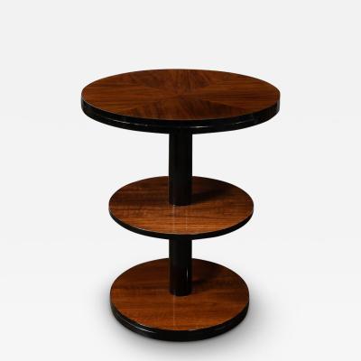 Art Deco Machine Age 3 Tier Round Side Table in Book Matched Walnut Lacquer