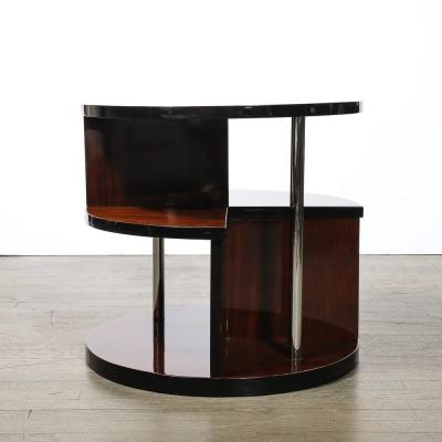 Art Deco Machine Age 3 Tier Walnut Occasional Table with Chrome Rod Supports