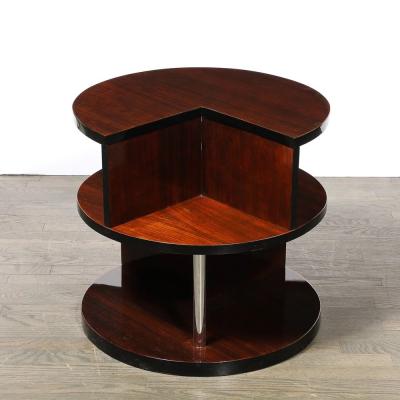 Art Deco Machine Age 3 Tier Walnut Occasional Table with Chrome Rod Supports