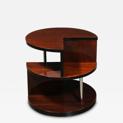 Art Deco Machine Age 3 Tier Walnut Occasional Table with Chrome Rod Supports