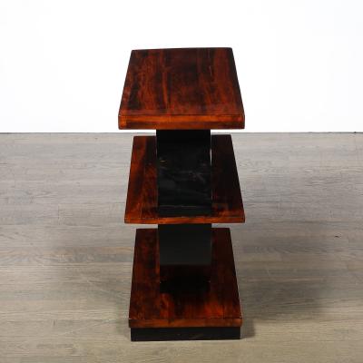 Art Deco Machine Age 3 Tier Walnut Side Table w Black Lacquer Round Support