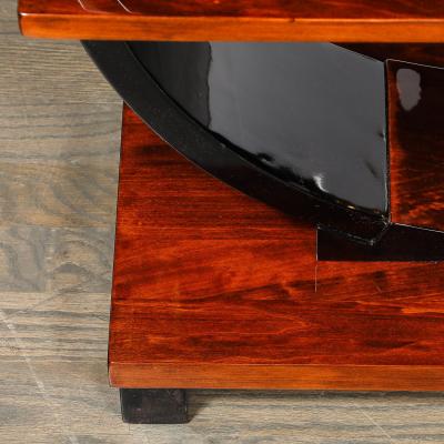 Art Deco Machine Age 3 Tier Walnut Side Table w Black Lacquer Round Support