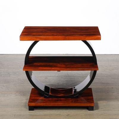 Art Deco Machine Age 3 Tier Walnut Side Table w Black Lacquer Round Support