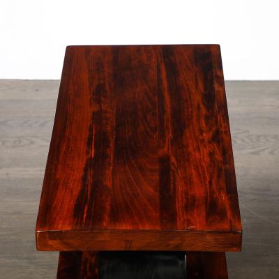 Art Deco Machine Age 3 Tier Walnut Side Table w Black Lacquer Round Support