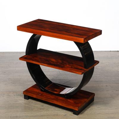Art Deco Machine Age 3 Tier Walnut Side Table w Black Lacquer Round Support