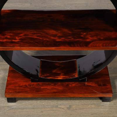 Art Deco Machine Age 3 Tier Walnut Side Table w Black Lacquer Round Support