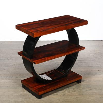 Art Deco Machine Age 3 Tier Walnut Side Table w Black Lacquer Round Support