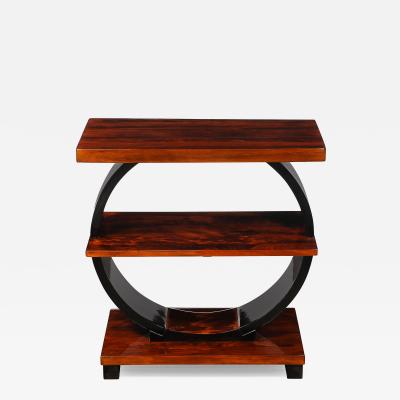 Art Deco Machine Age 3 Tier Walnut Side Table w Black Lacquer Round Support