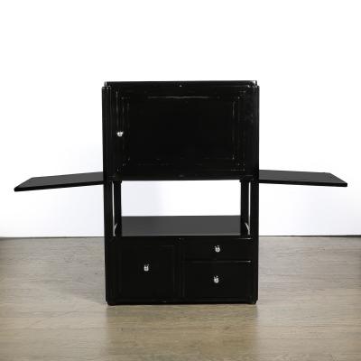 Art Deco Machine Age Bar Cabinet in Black Lacquer with Swivel and Drop Doors
