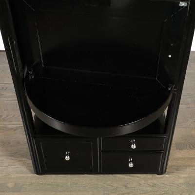 Art Deco Machine Age Bar Cabinet in Black Lacquer with Swivel and Drop Doors