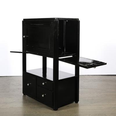 Art Deco Machine Age Bar Cabinet in Black Lacquer with Swivel and Drop Doors