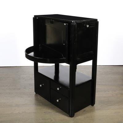 Art Deco Machine Age Bar Cabinet in Black Lacquer with Swivel and Drop Doors