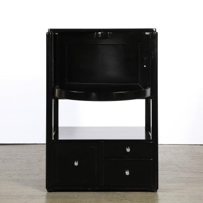 Art Deco Machine Age Bar Cabinet in Black Lacquer with Swivel and Drop Doors
