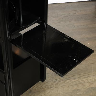 Art Deco Machine Age Bar Cabinet in Black Lacquer with Swivel and Drop Doors