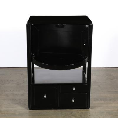 Art Deco Machine Age Bar Cabinet in Black Lacquer with Swivel and Drop Doors