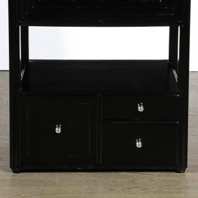 Art Deco Machine Age Bar Cabinet in Black Lacquer with Swivel and Drop Doors