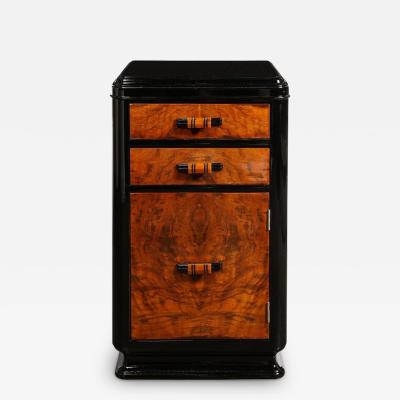 Art Deco Machine Age Book Matched Walnut Black Lacquer End Table Nightstand