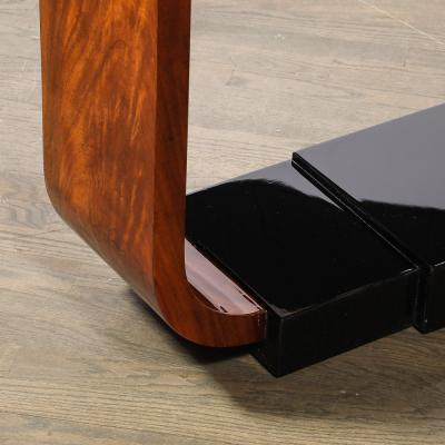 Art Deco Machine Age Book Matched Walnut w Black Lacquer Accent Console Tables
