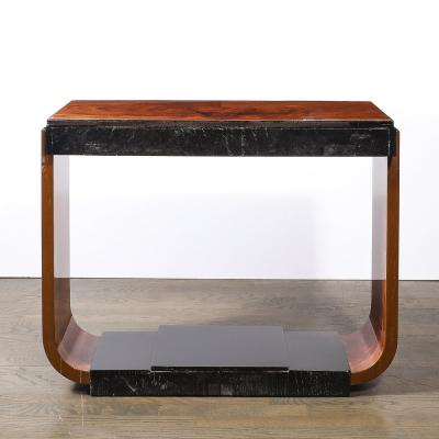Art Deco Machine Age Book Matched Walnut w Black Lacquer Accent Console Tables