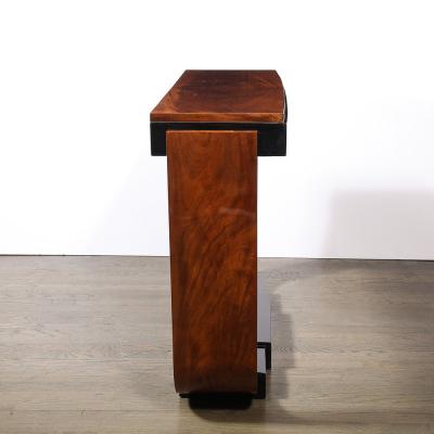 Art Deco Machine Age Book Matched Walnut w Black Lacquer Accent Console Tables
