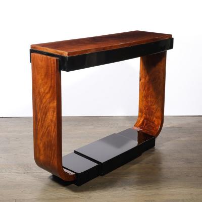 Art Deco Machine Age Book Matched Walnut w Black Lacquer Accent Console Tables