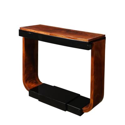 Art Deco Machine Age Book Matched Walnut w Black Lacquer Accent Console Tables