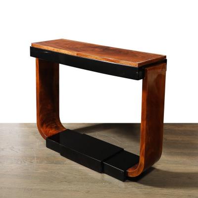 Art Deco Machine Age Book Matched Walnut w Black Lacquer Accent Console Tables