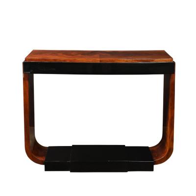 Art Deco Machine Age Book Matched Walnut w Black Lacquer Accent Console Tables