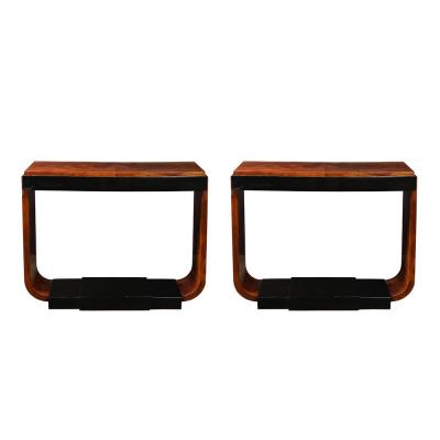 Art Deco Machine Age Book Matched Walnut w Black Lacquer Accent Console Tables
