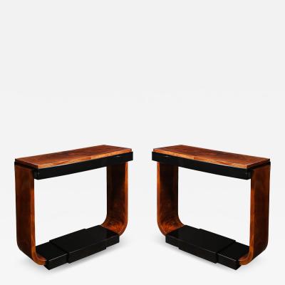 Art Deco Machine Age Book Matched Walnut w Black Lacquer Accent Console Tables