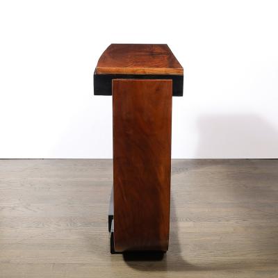 Art Deco Machine Age Book Matched Walnut w Black Lacquer Accents Console Table