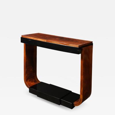 Art Deco Machine Age Book Matched Walnut w Black Lacquer Accents Console Table