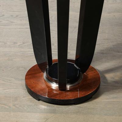 Art Deco Machine Age Bookmatched Walnut Gueridon Table w Black Lacquer Supports