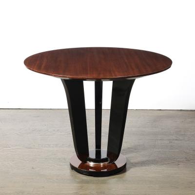 Art Deco Machine Age Bookmatched Walnut Gueridon Table w Black Lacquer Supports