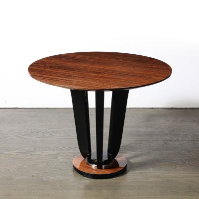Art Deco Machine Age Bookmatched Walnut Gueridon Table w Black Lacquer Supports