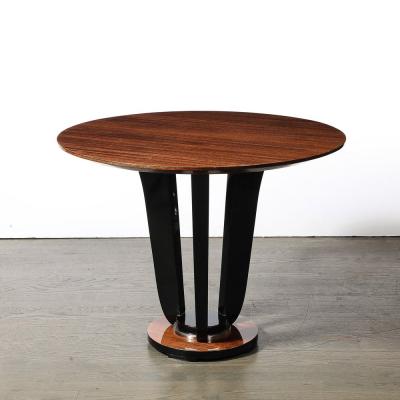 Art Deco Machine Age Bookmatched Walnut Gueridon Table w Black Lacquer Supports