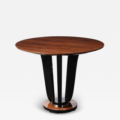 Art Deco Machine Age Bookmatched Walnut Gueridon Table w Black Lacquer Supports