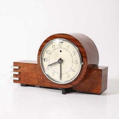 Art Deco Machine Age Burled Walnut with Aluminum Banded Detail Electric Clock
