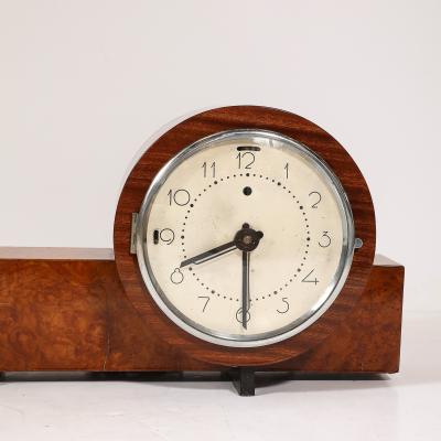 Art Deco Machine Age Burled Walnut with Aluminum Banded Detail Electric Clock