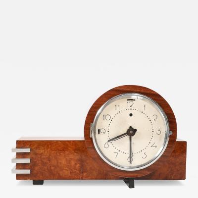 Art Deco Machine Age Burled Walnut with Aluminum Banded Detail Electric Clock
