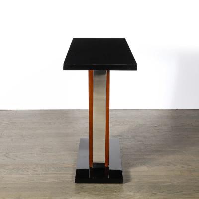Art Deco Machine Age Console Table in Walnut Lacquer Banded Nickeled Supports