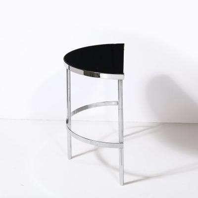 Art Deco Machine Age Demilune Side Table in Polished Chrome Black Lacquer