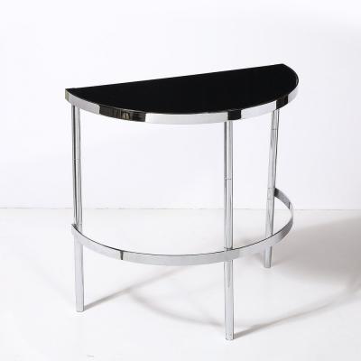 Art Deco Machine Age Demilune Side Table in Polished Chrome Black Lacquer