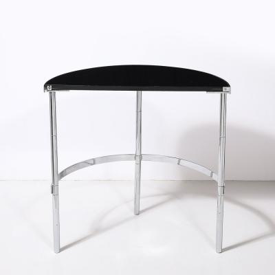 Art Deco Machine Age Demilune Side Table in Polished Chrome Black Lacquer
