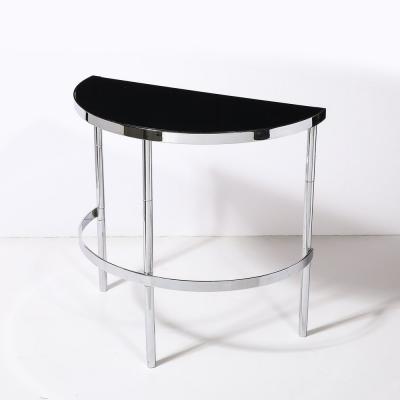 Art Deco Machine Age Demilune Side Table in Polished Chrome Black Lacquer