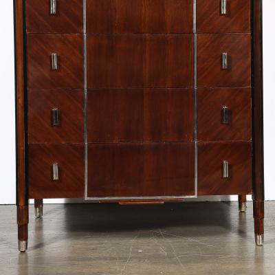 Art Deco Machine Age High Chest in Bookmatched Walnut Black Lacquer Chrome